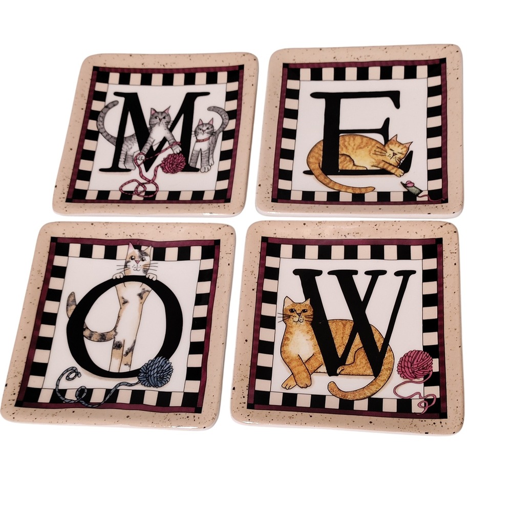 MWW Market Linda Spivey MEOW Cat Ceramic Appetizer Plates Set of 4 Square 4.5in